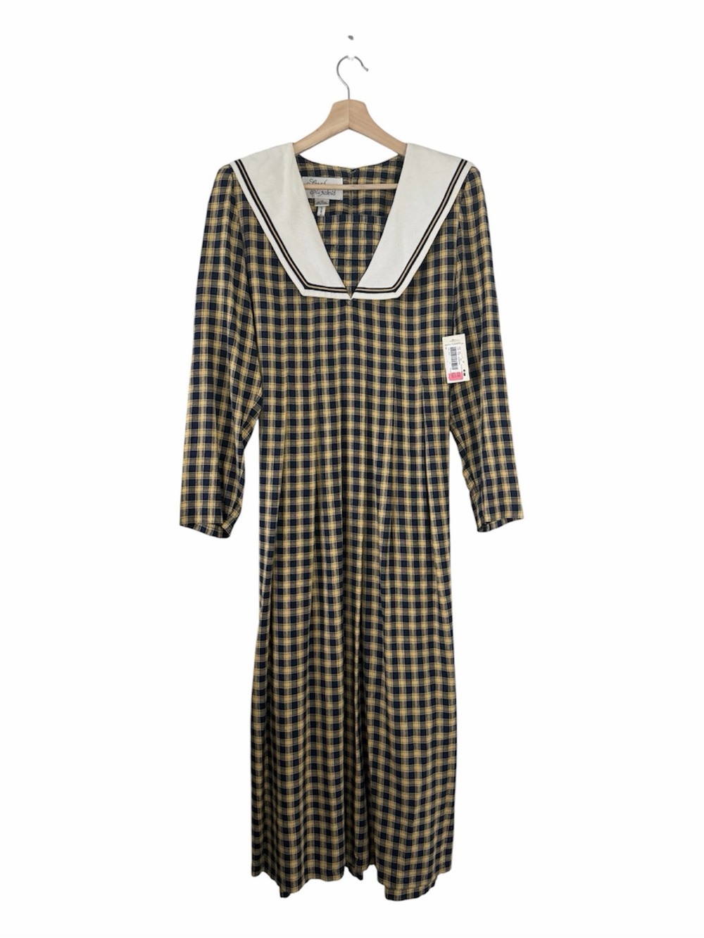 Sarah Elizabeth Vintage Deadstock Plaid Sailor Collar Maxi Dress in Navy and Tan